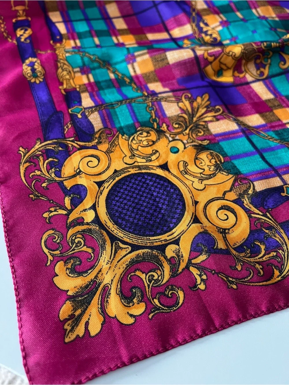 Vintage 80s 90s Italian Baroque Plaid Chain Square Scarf